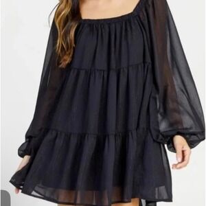 Altered State Black Silver Metallic Pinstripe Tiered Boho Mini Dress Medium